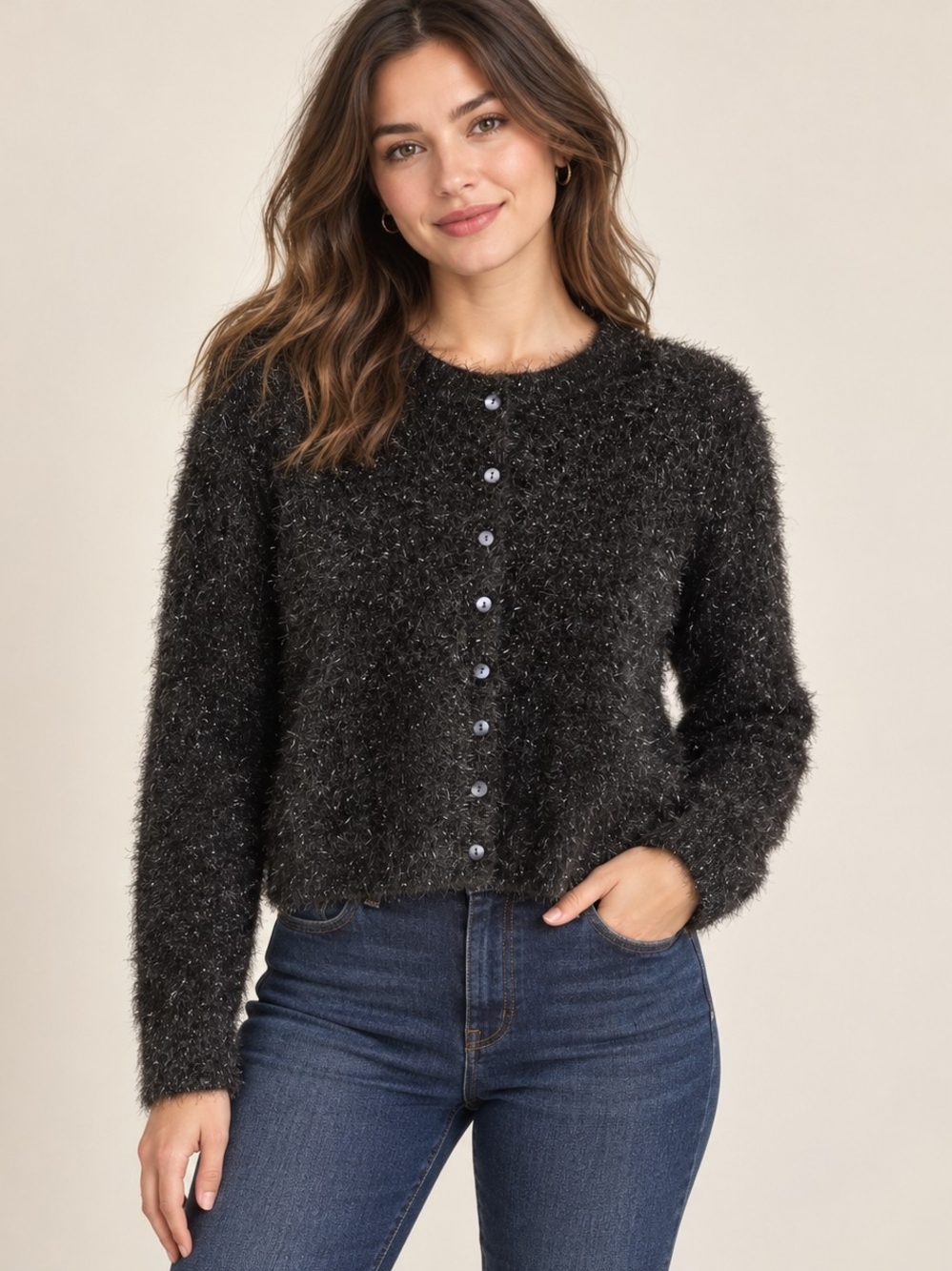 A New Day Black Sparkle Eyelash Knit Cardigan Sweater NWT Medium